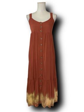 Upcycled Boho Hippie Burnt Orange Button-Front Maxi Dress with Bleach Washed Hem